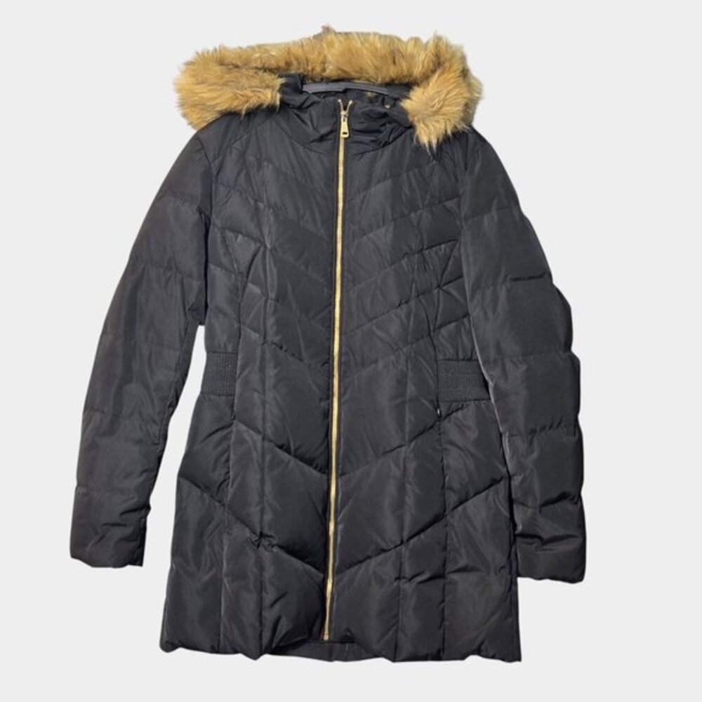 Cole Haan Signature Down Feather‎ Puffer Coat Black M Faux Fur Hood Winter